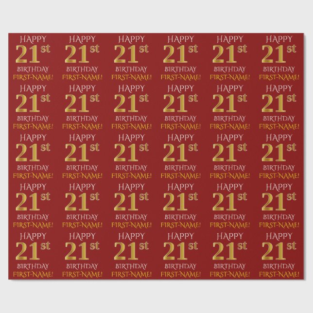 Red, Faux Guld "LYCKLIG 21:a BIRTHDAY" Presentpapper (Platt)