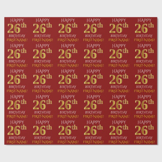 Red, Faux Guld "LYCKLIG 26:e BIRTHDAY" Presentpapper (Platt)