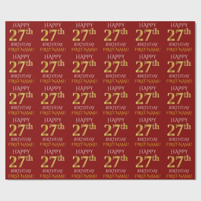 Red, Faux Guld "LYCKLIG 27 BIRTHDAY" Presentpapper (Platt)