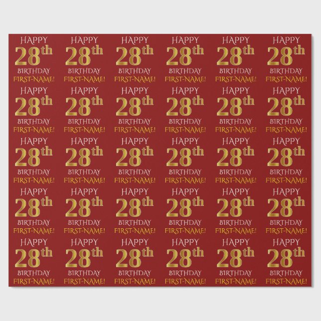 Red, Faux Guld "LYCKLIG 28:e BIRTHDAY" Presentpapper (Platt)