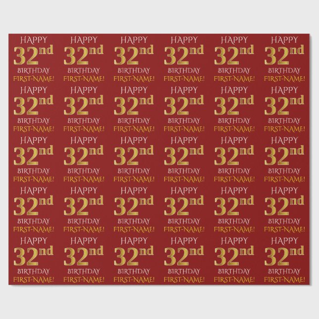 Red, Faux Guld "LYCKLIG 32:a BIRTHDAY" Presentpapper (Platt)