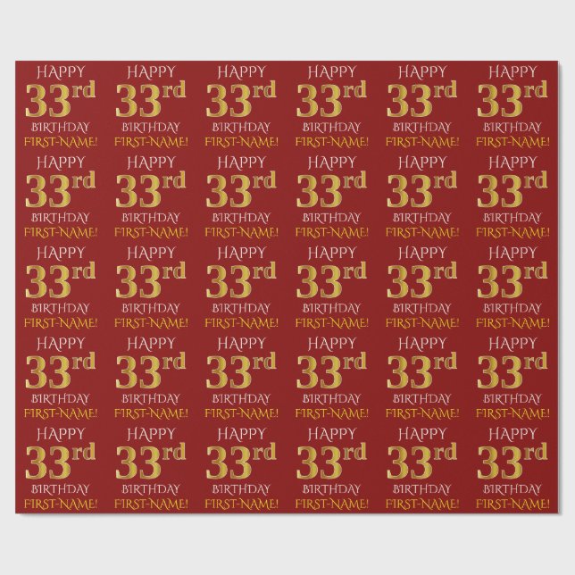 Red, Faux Guld "LYCKLIG 33:e BIRTHDAY" Presentpapper (Platt)