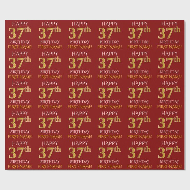 Red, Faux Guld "LYCKLIG 37:e BIRTHDAY" Presentpapper (Platt)