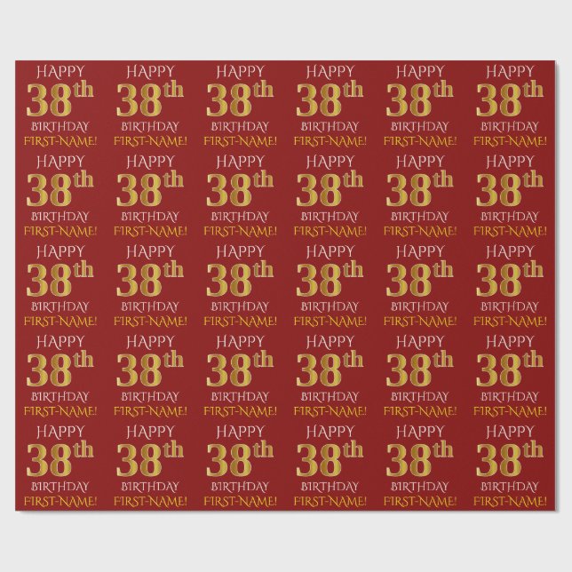 Red, Faux Guld "LYCKLIG 38:e BIRTHDAY" Presentpapper (Platt)
