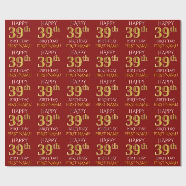 Red, Faux Guld "LYCKLIG 39:e BIRTHDAY" Presentpapper (Platt)