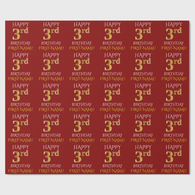 Red, Faux Guld (LYCKLIG 3:e BIRTHDAY) Presentpapper (Platt)