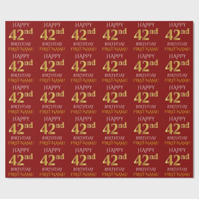 Red, Faux Guld "LYCKLIG 42:a BIRTHDAY" Presentpapper (Platt)