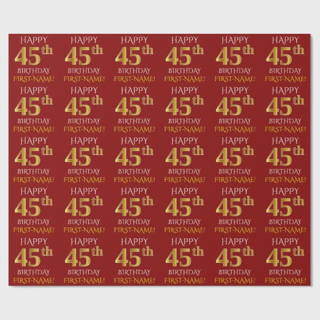 Red, Faux Guld "LYCKLIG 45 BIRTHDAY" Presentpapper (Platt)