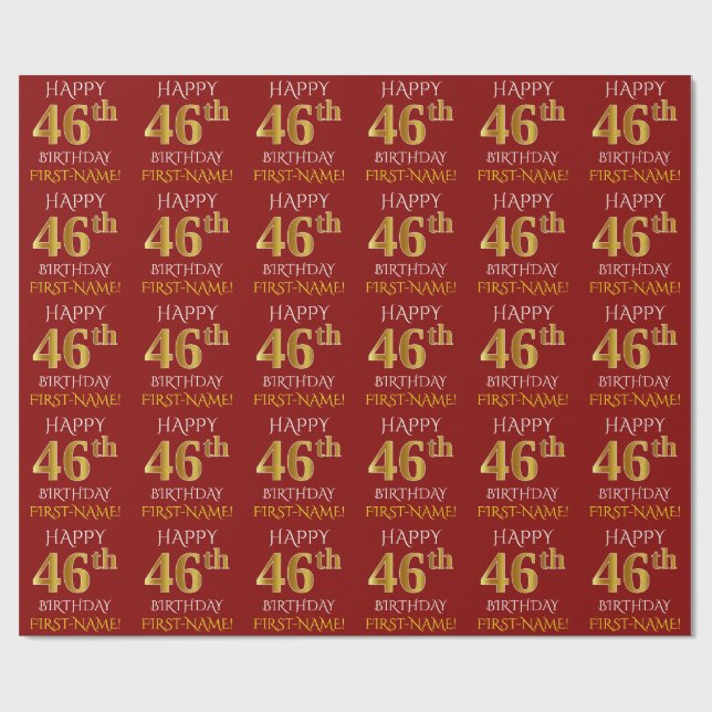 Red, Faux Guld "LYCKLIG 46:e BIRTHDAY" Presentpapper (Platt)