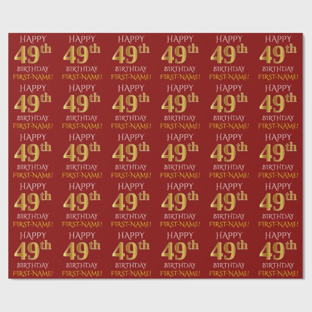 Red, Faux Guld "LYCKLIG 49:e BIRTHDAY" Presentpapper (Platt)