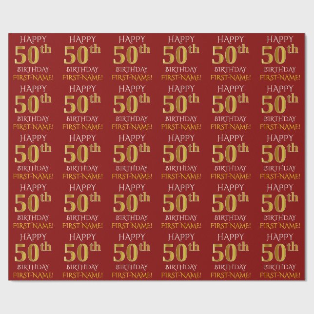 Red, Faux Guld "LYCKLIG 50 BIRTHDAY" Presentpapper (Platt)