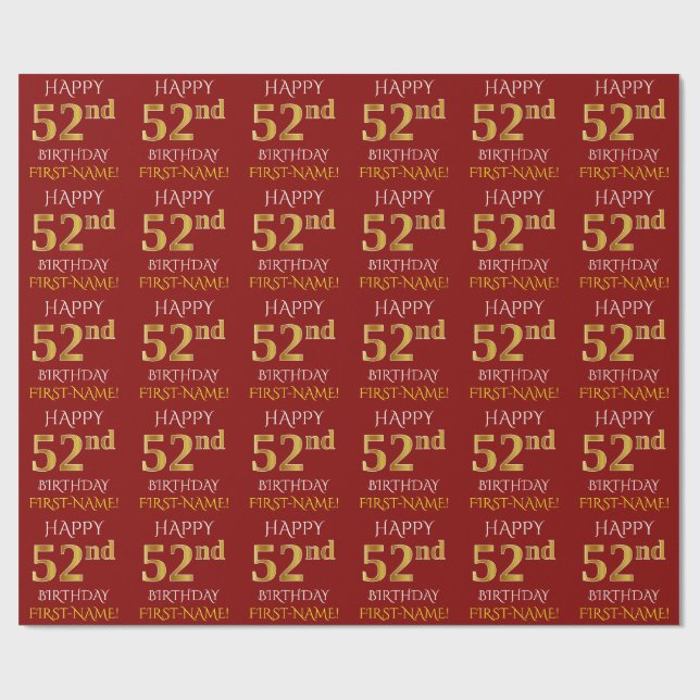 Red, Faux Guld "LYCKLIG 52:a BIRTHDAY" Presentpapper (Platt)