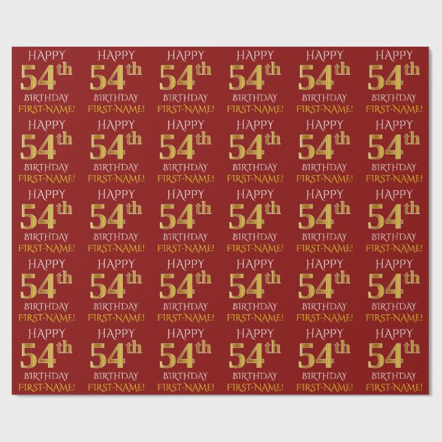Red, Faux Guld "LYCKLIG 54:e BIRTHDAY" Presentpapper (Platt)