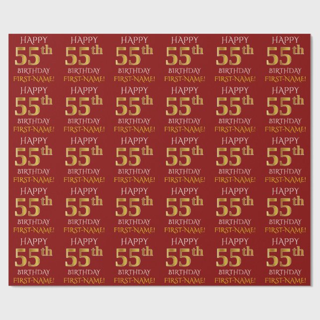 Red, Faux Guld "LYCKLIG 55 BIRTHDAY" Presentpapper (Platt)