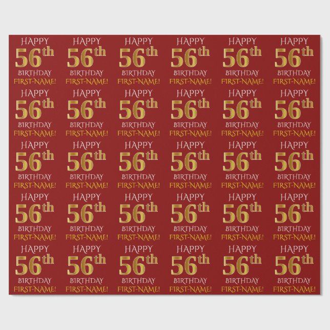 Red, Faux Guld "LYCKLIG 56:e BIRTHDAY" Presentpapper (Platt)