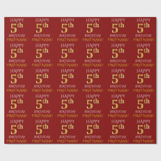 Red, Faux Guld (LYCKLIG 5 BIRTHDAY) Presentpapper (Platt)