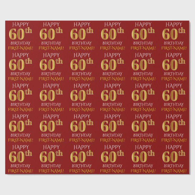 Red, Faux Guld "LYCKLIG 60:e BIRTHDAY" Presentpapper (Platt)