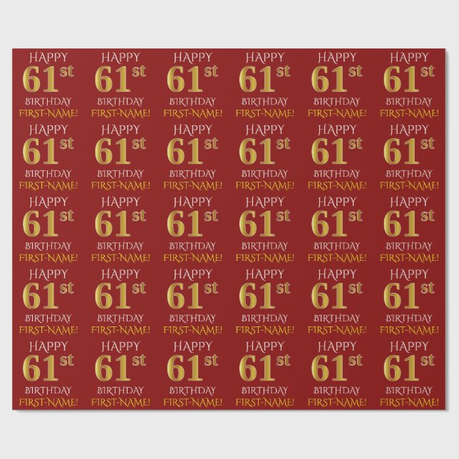 Red, Faux Guld "LYCKLIG 61:a BIRTHDAY" Presentpapper (Platt)