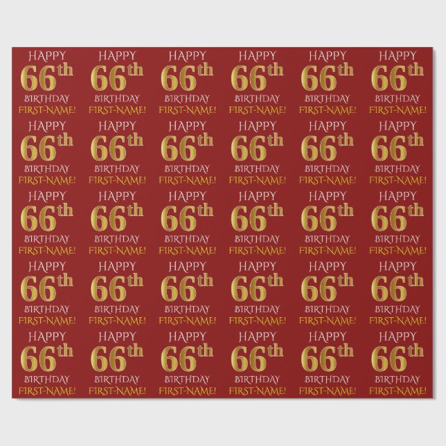 Red, Faux Guld "LYCKLIG 66:e BIRTHDAY" Presentpapper (Platt)