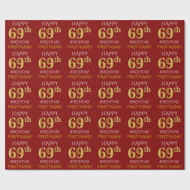 Red, Faux Guld "LYCKLIG 69:e BIRTHDAY" Presentpapper (Platt)
