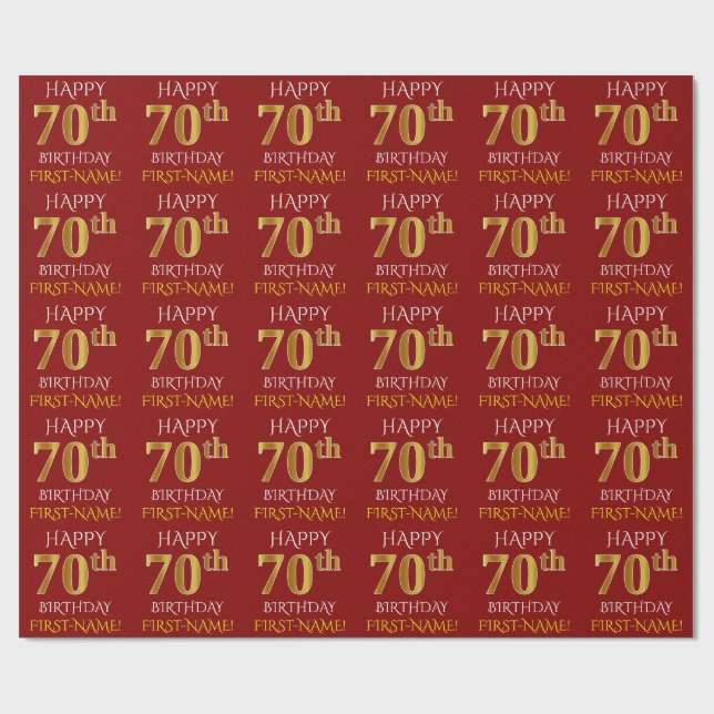 Red, Faux Guld "LYCKLIG 70 BIRTHDAY" Presentpapper (Platt)