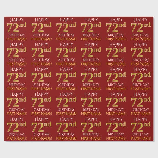 Red, Faux Guld "LYCKLIG 72:a BIRTHDAY" Presentpapper (Platt)