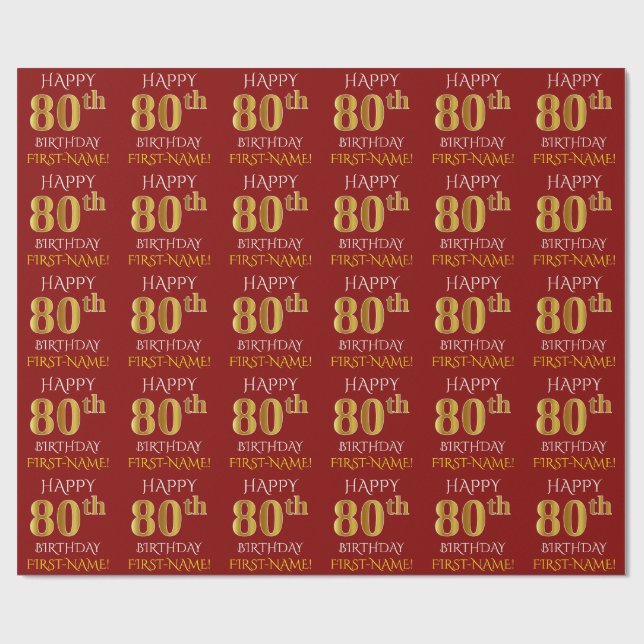 Red, Faux Guld "LYCKLIG 80 BIRTHDAY" Presentpapper (Platt)