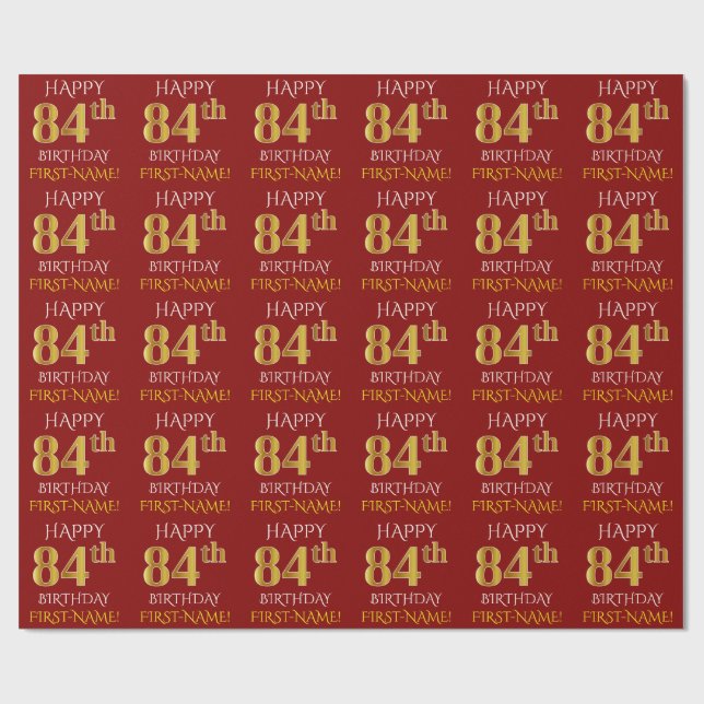 Red, Faux Guld "LYCKLIG 84 BIRTHDAY" Presentpapper (Platt)