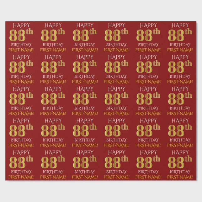 Red, Faux Guld "LYCKLIG 88 BIRTHDAY" Presentpapper (Platt)