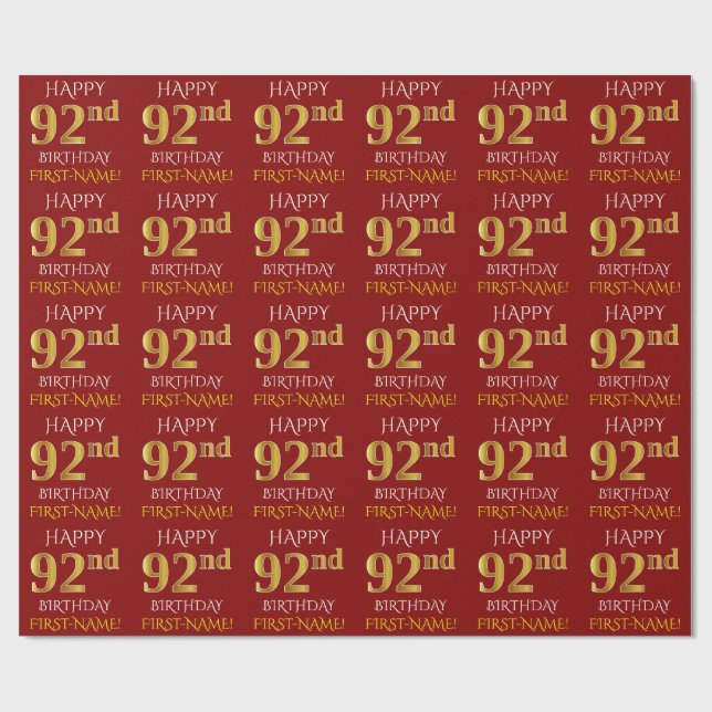 Red, Faux Guld (LYCKLIG 92:a BIRTHDAY) Presentpapper (Platt)