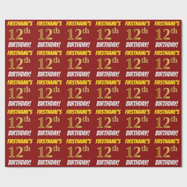 Red, Faux/Imitation Guld, "12:e BIRTHDAY" Presentpapper (Platt)