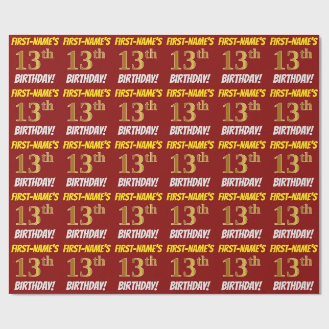 Red, Faux/Imitation Guld, "13:e BIRTHDAY" Presentpapper (Platt)