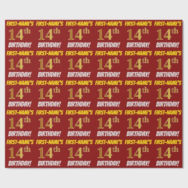 Red, Faux/Imitation Guld, "14:e BIRTHDAY" Presentpapper (Platt)