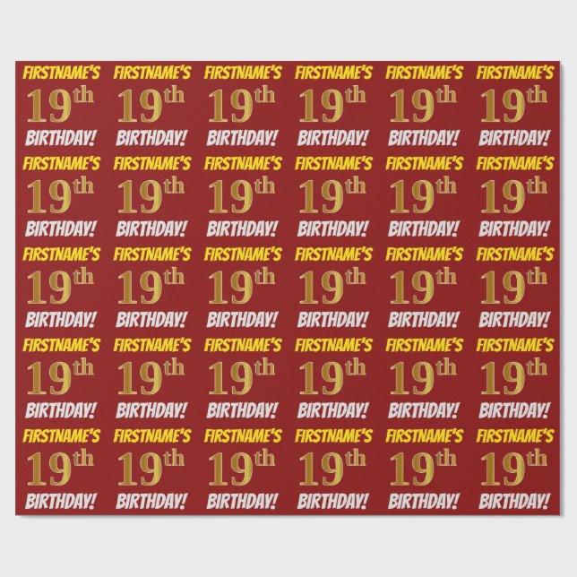 Red, Faux/Imitation Guld, "19:e BIRTHDAY" Presentpapper (Platt)