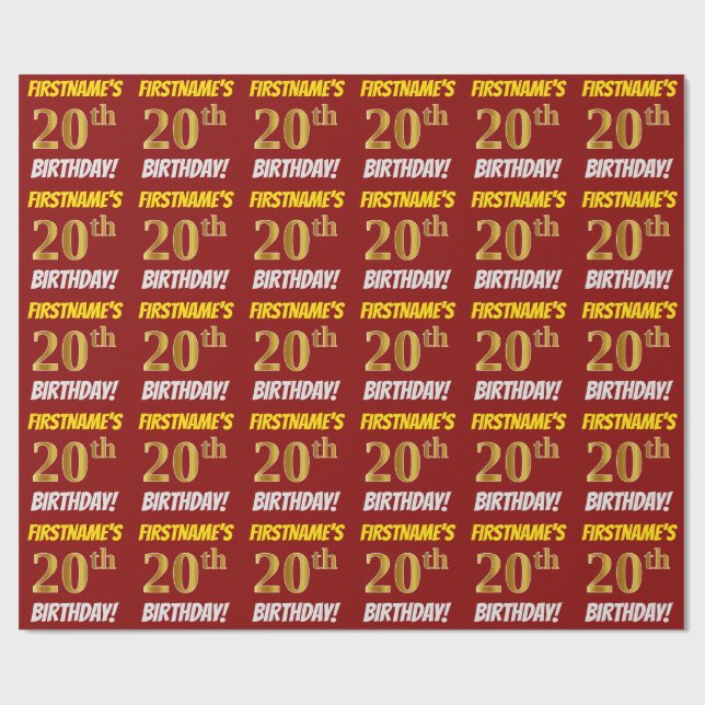 Red, Faux/Imitation Guld, "20 BIRTHDAY" Presentpapper (Platt)