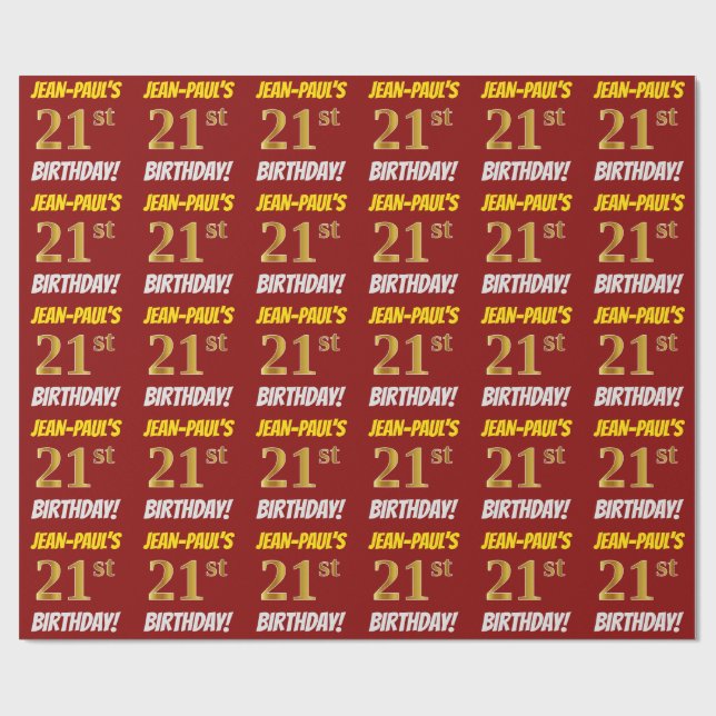 Red, Faux/Imitation Guld, "21:a BIRTHDAY" Presentpapper (Platt)