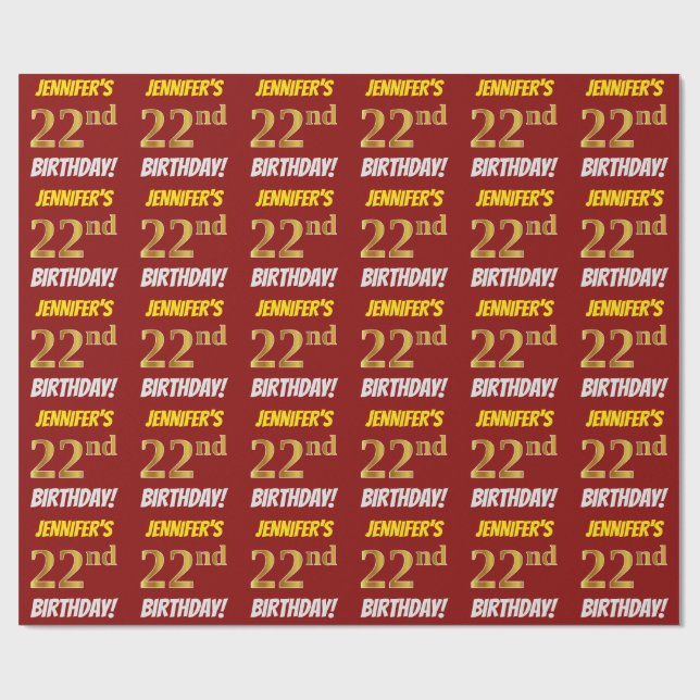 Red, Faux/Imitation Guld, "22nd BIRTHDAY" Presentpapper (Platt)