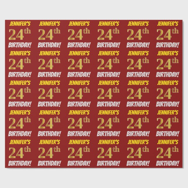 Red, Faux/Imitation Guld, "24:e BIRTHDAY" Presentpapper (Platt)