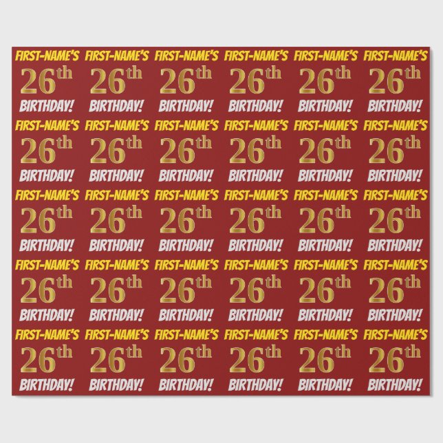 Red, Faux/Imitation Guld, "26th BIRTHDAY" Presentpapper (Platt)