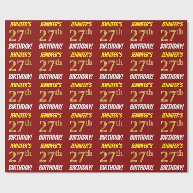 Red, Faux/Imitation Guld, "27:e BIRTHDAY" Presentpapper (Platt)