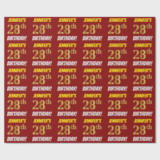 Red, Faux/Imitation Guld, "28 BIRTHDAY" Presentpapper (Platt)