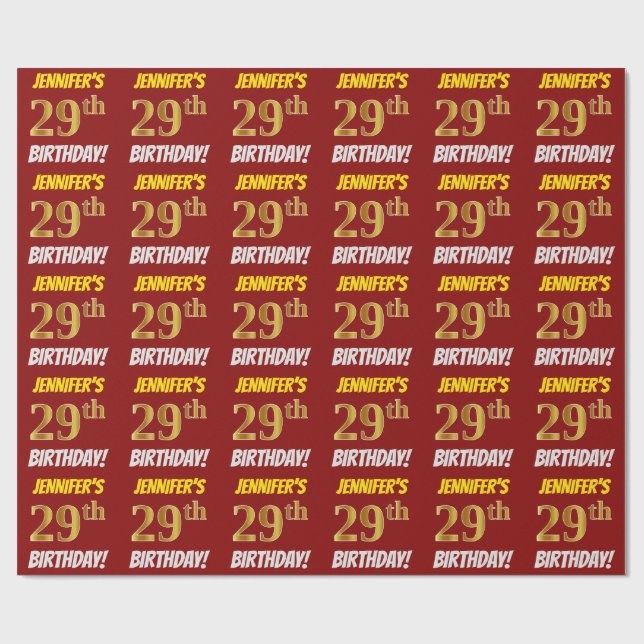 Red, Faux/Imitation Guld, "29th BIRTHDAY" Presentpapper (Platt)