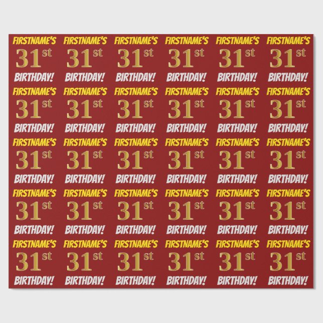 Red, Faux/Imitation Guld, "31a BIRTHDAY" Presentpapper (Platt)