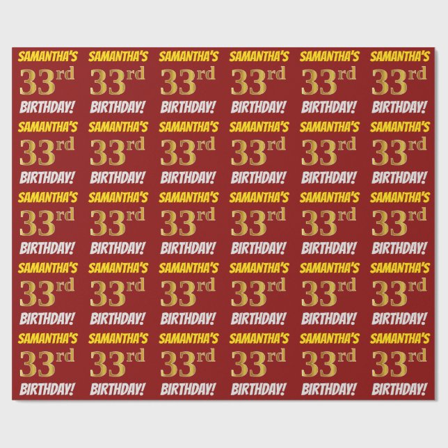 Red, Faux/Imitation Guld, "33rd BIRTHDAY" Presentpapper (Platt)
