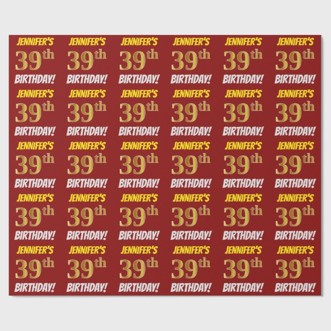Red, Faux/Imitation Guld, "39th BIRTHDAY" Presentpapper (Platt)