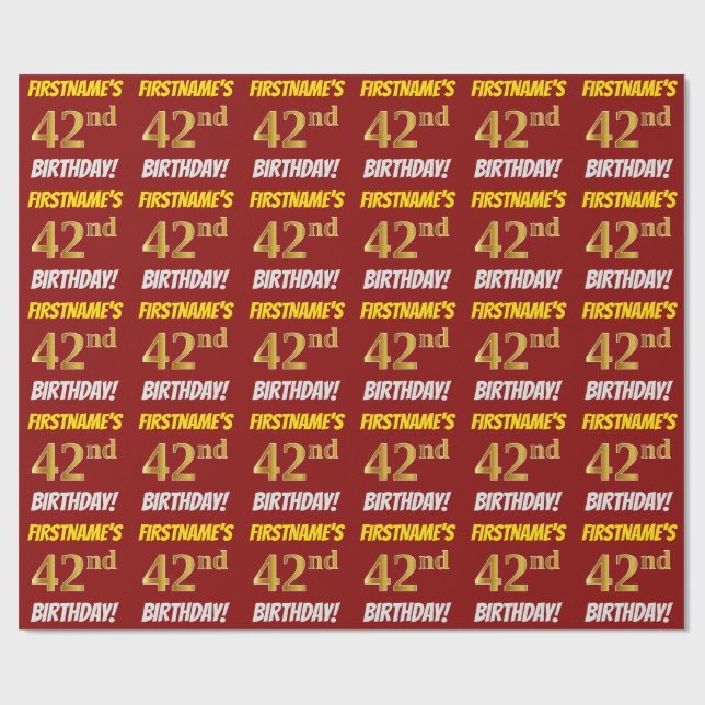 Red, Faux/Imitation Guld, "42:a BIRTHDAY" Presentpapper (Platt)