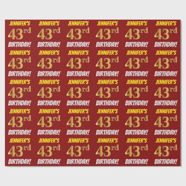 Red, Faux/Imitation Guld, "43rd BIRTHDAY" Presentpapper (Platt)