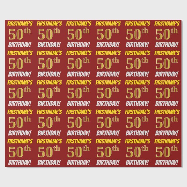 Red, Faux/Imitation Guld, "50 BIRTHDAY" Presentpapper (Platt)