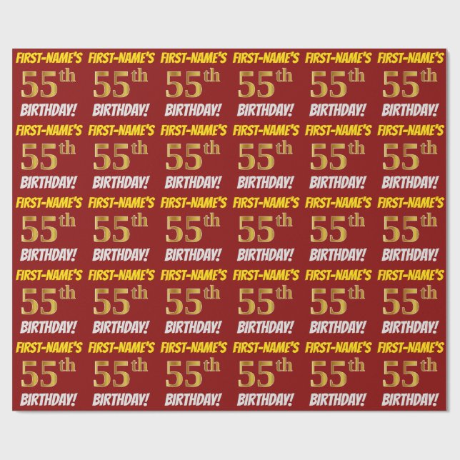Red, Faux/Imitation Guld, "55th BIRTHDAY" Presentpapper (Platt)