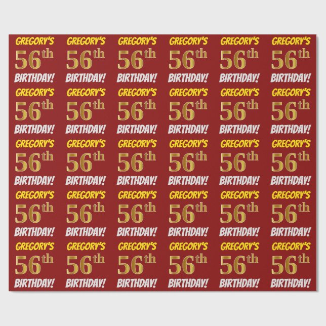 Red, Faux/Imitation Guld, "56:e BIRTHDAY" Presentpapper (Platt)